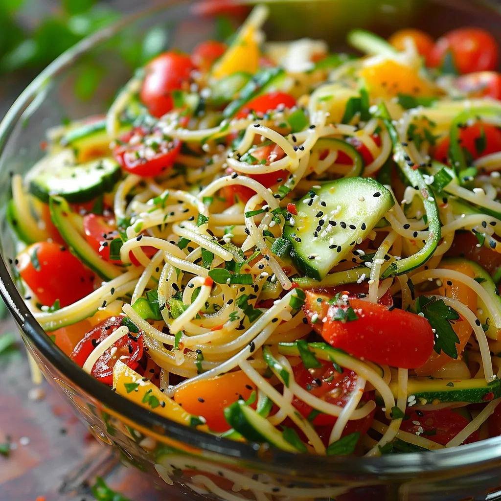 Une salade italienne fraîche avec spaghetti et plein de légumes croquants