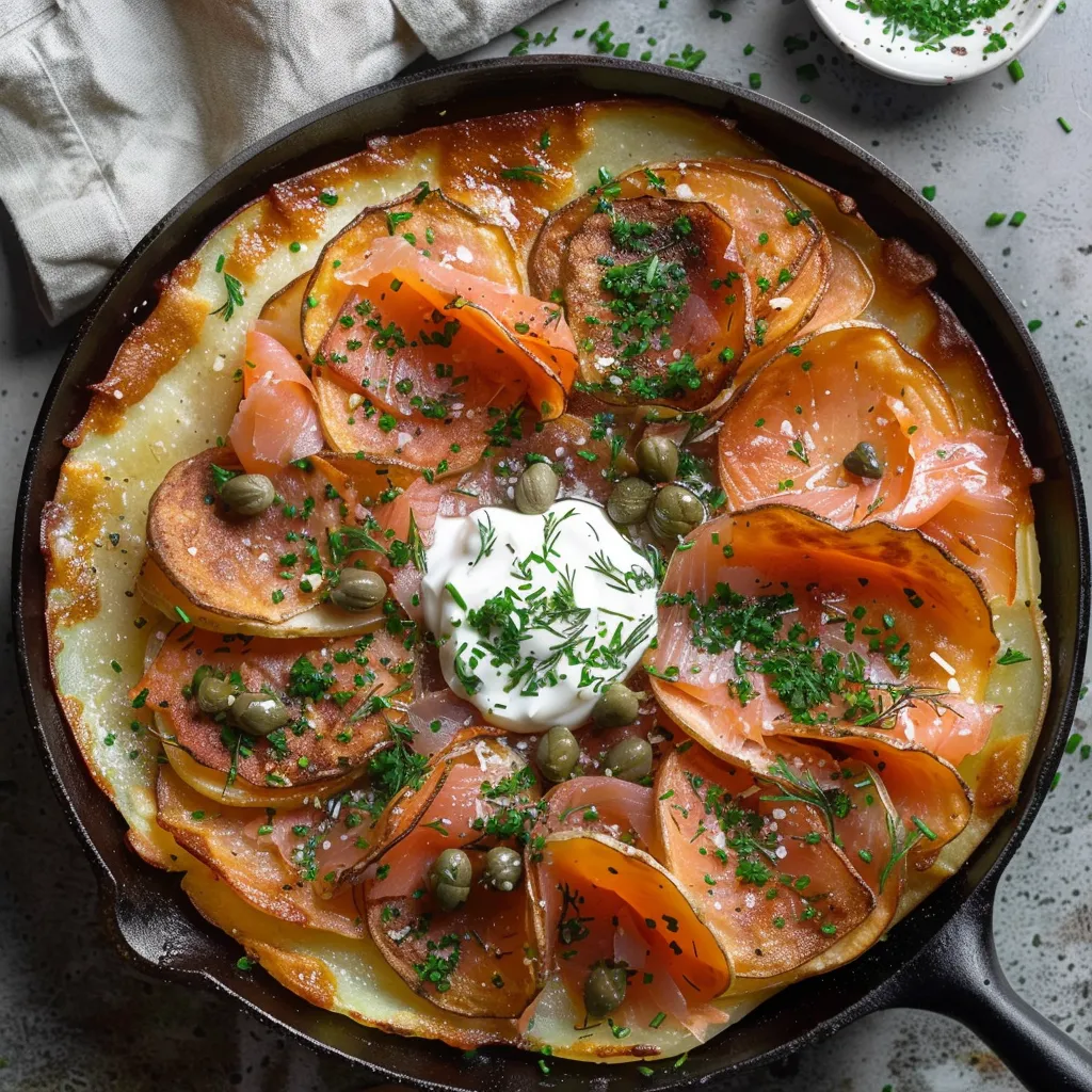 Galette de pommes dorée, saumon et crème fraîche