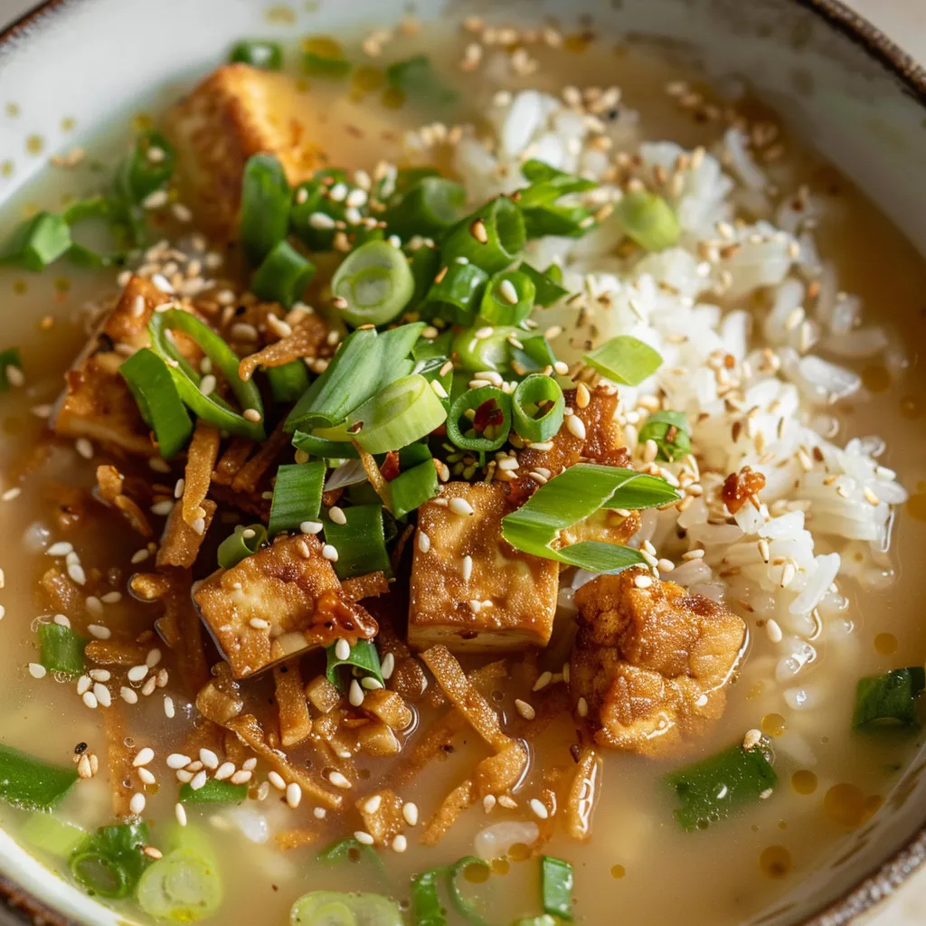 Bol de soupe miso au gingembre avec tofu doré croustillant