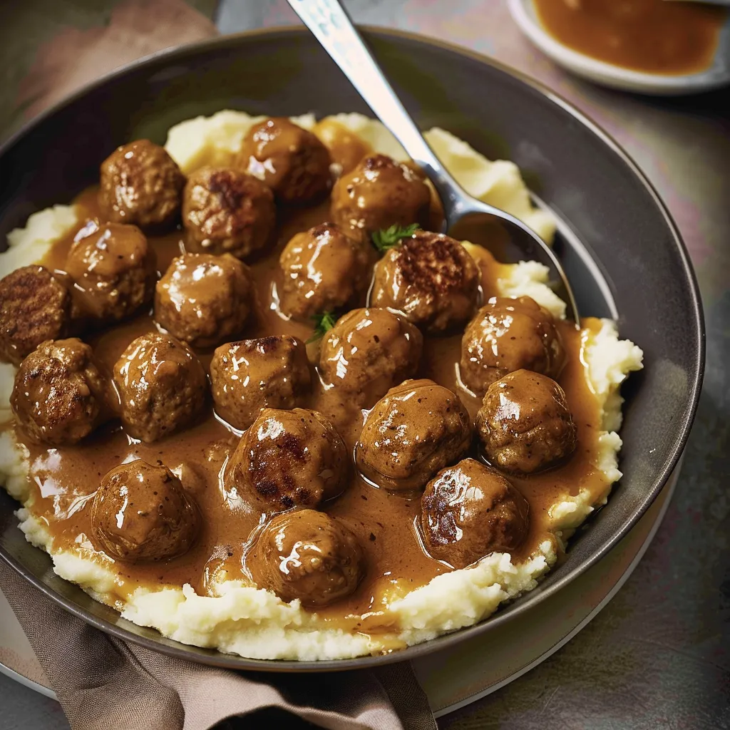 Boulettes, sauce brune et purée céleri