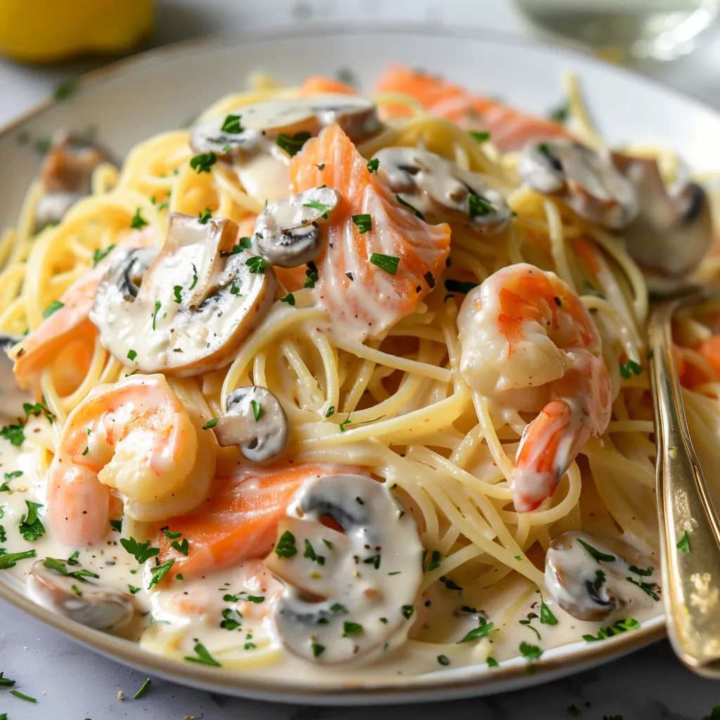 Spaghettis au saumon, crevettes et citron avec touche de persil frais