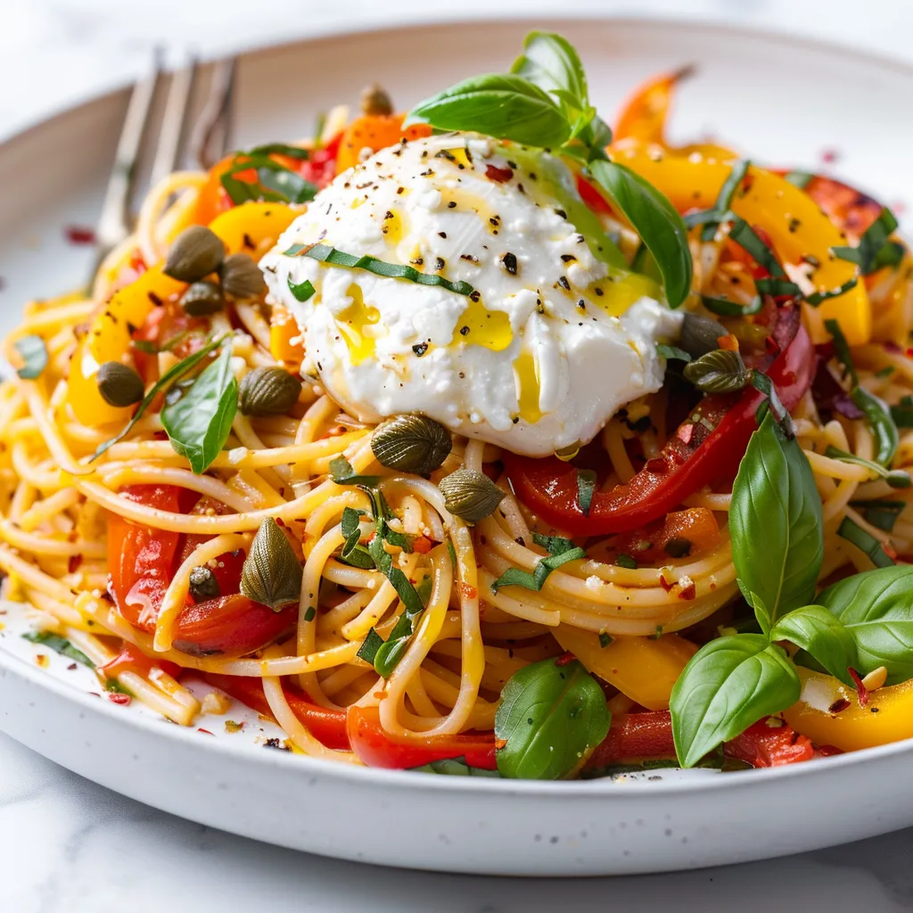 Spaghettis légumes burrata câpres