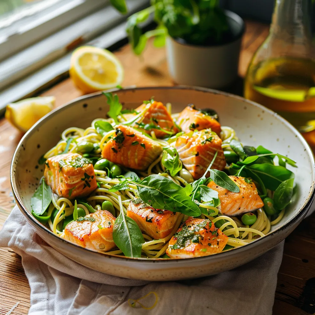 Un plat savoureux de spaghettis au saumon et fèves prêt à régaler