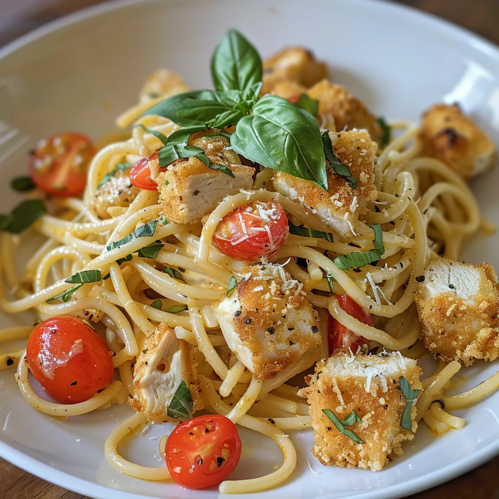 Spaghettis dinde et légumes au parmesan, basilic frais