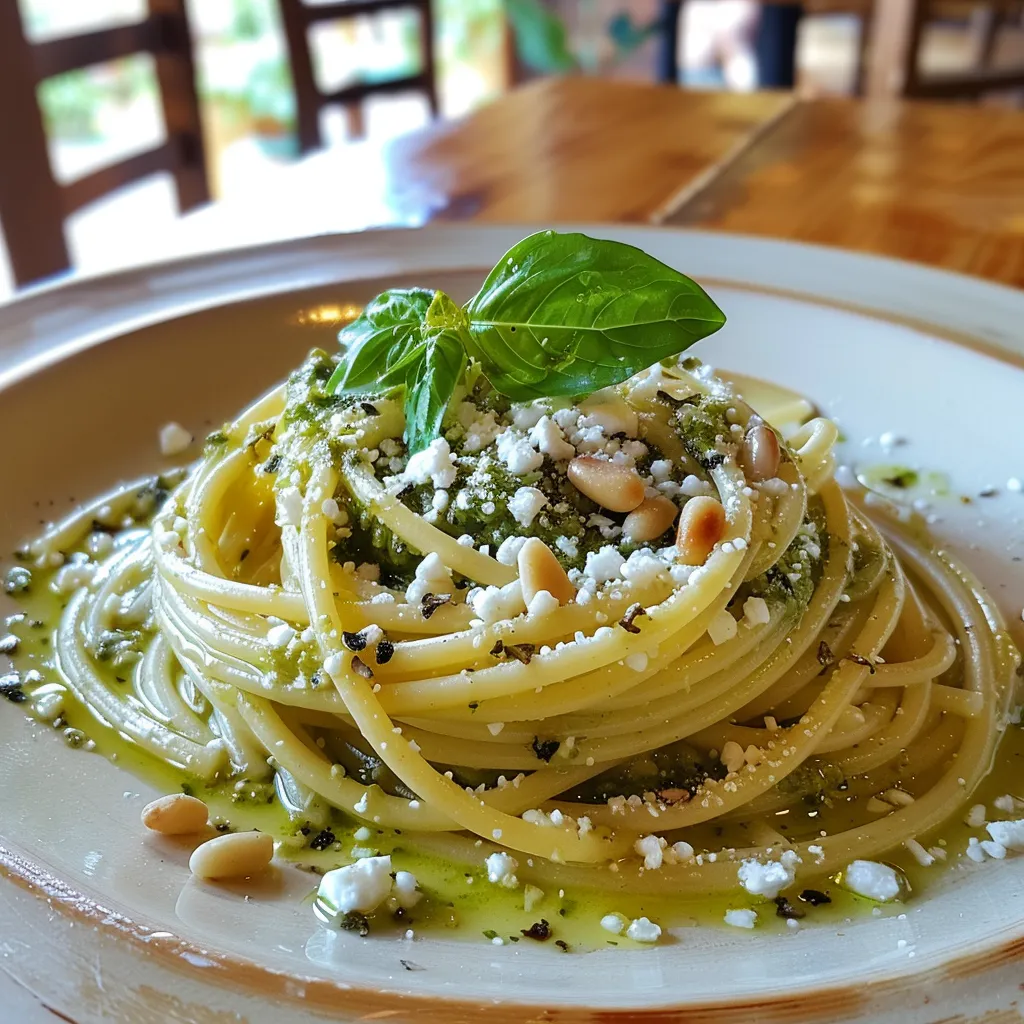 Spaghettis pesto et féta