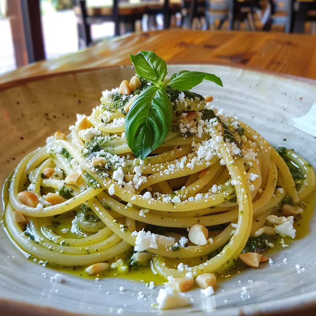 Spaghettis pesto-féta maison