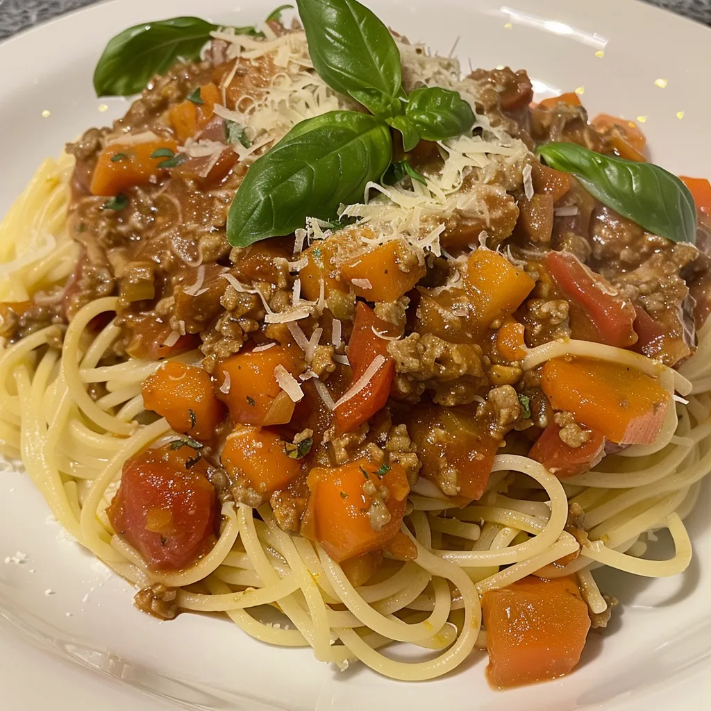 Plat de spaghettis à la bolognaise au porc avec légumes frais