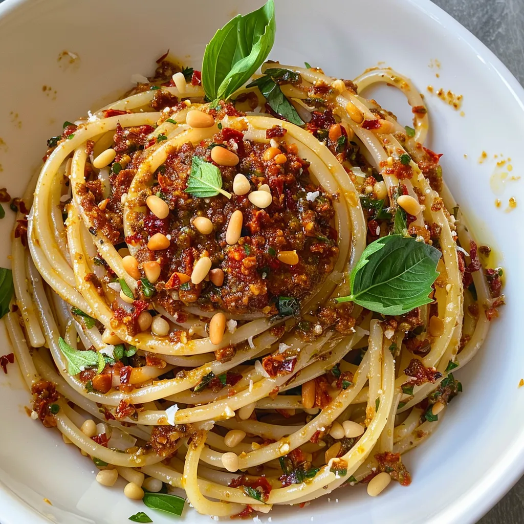 Spaghettis gourmands au pesto de tomate et pignons
