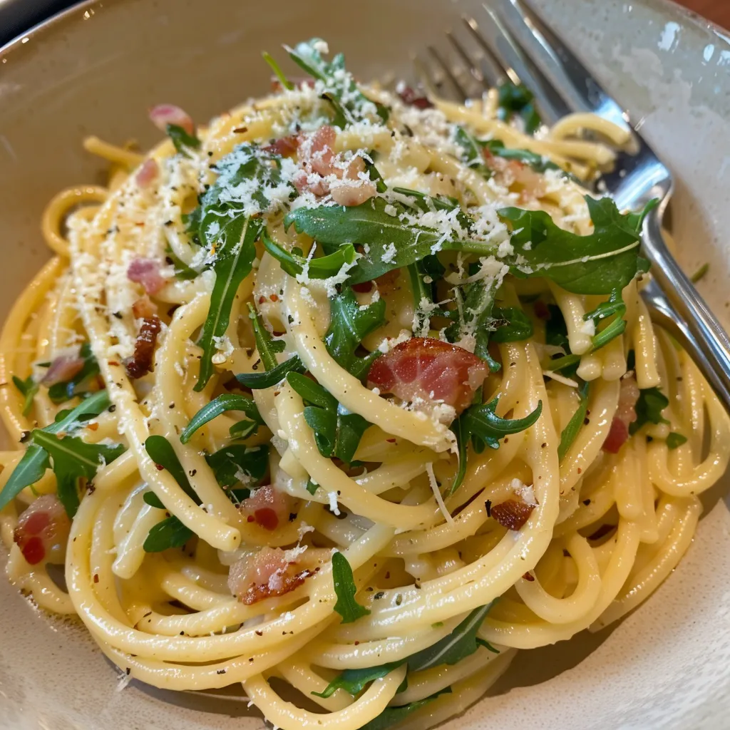 Savoureux carbonara roquette pâtes