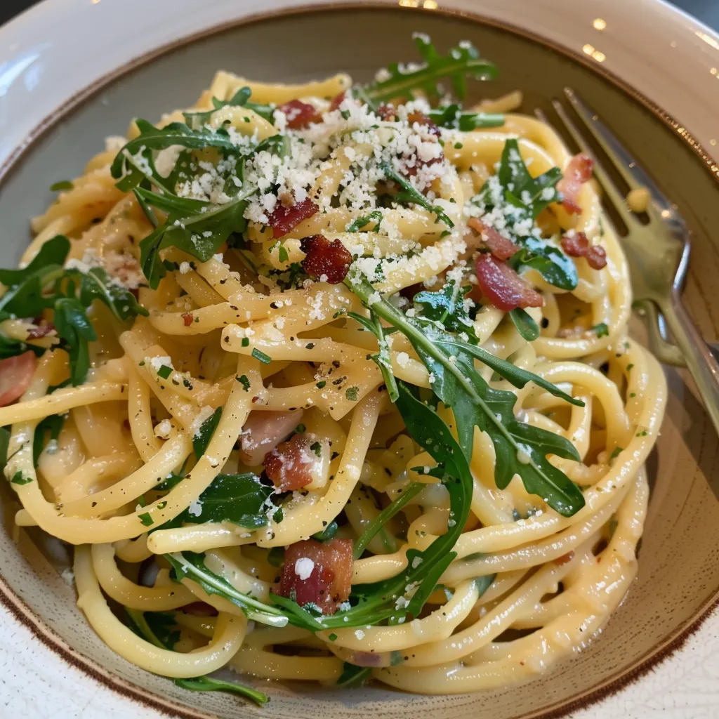 Spaghettis maison à la carbonara et roquette