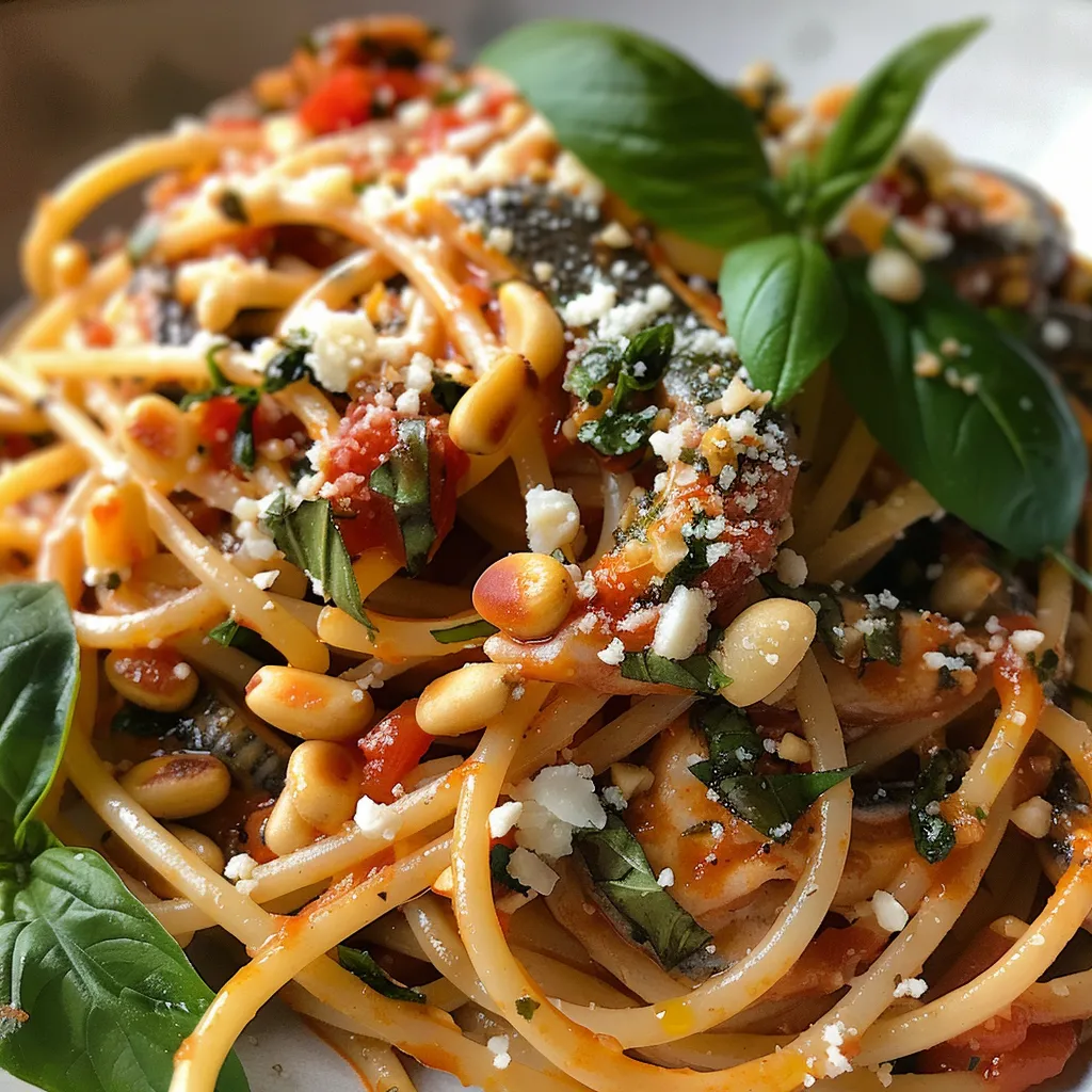 Spaghettis sardines et pignons bien dorés