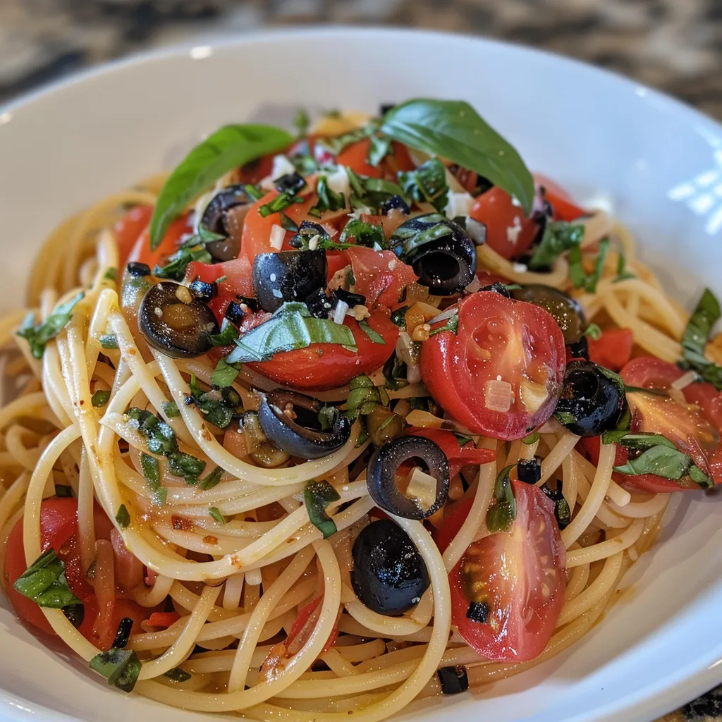 Spaghettis aux tomates, olives et basilic ultra savoureux