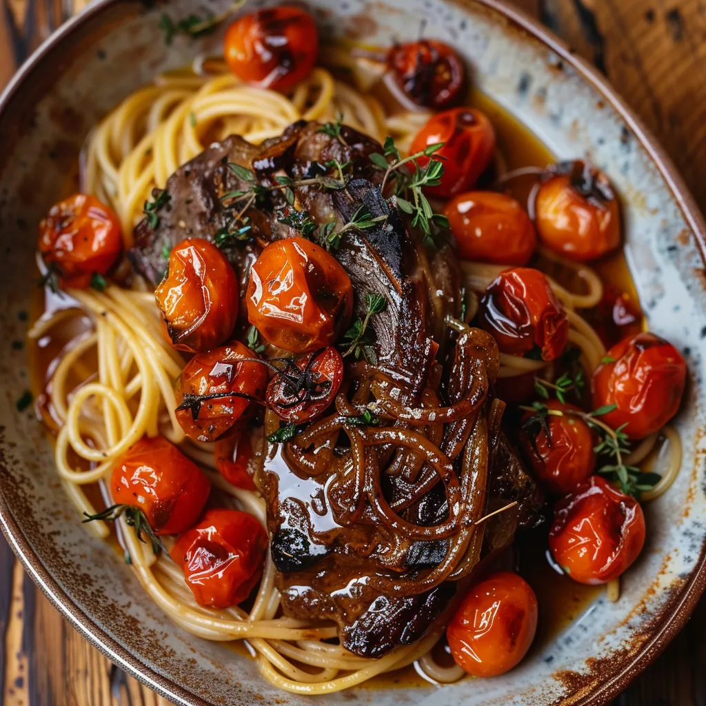Plat d'agneau au miel et spaghettis dorés