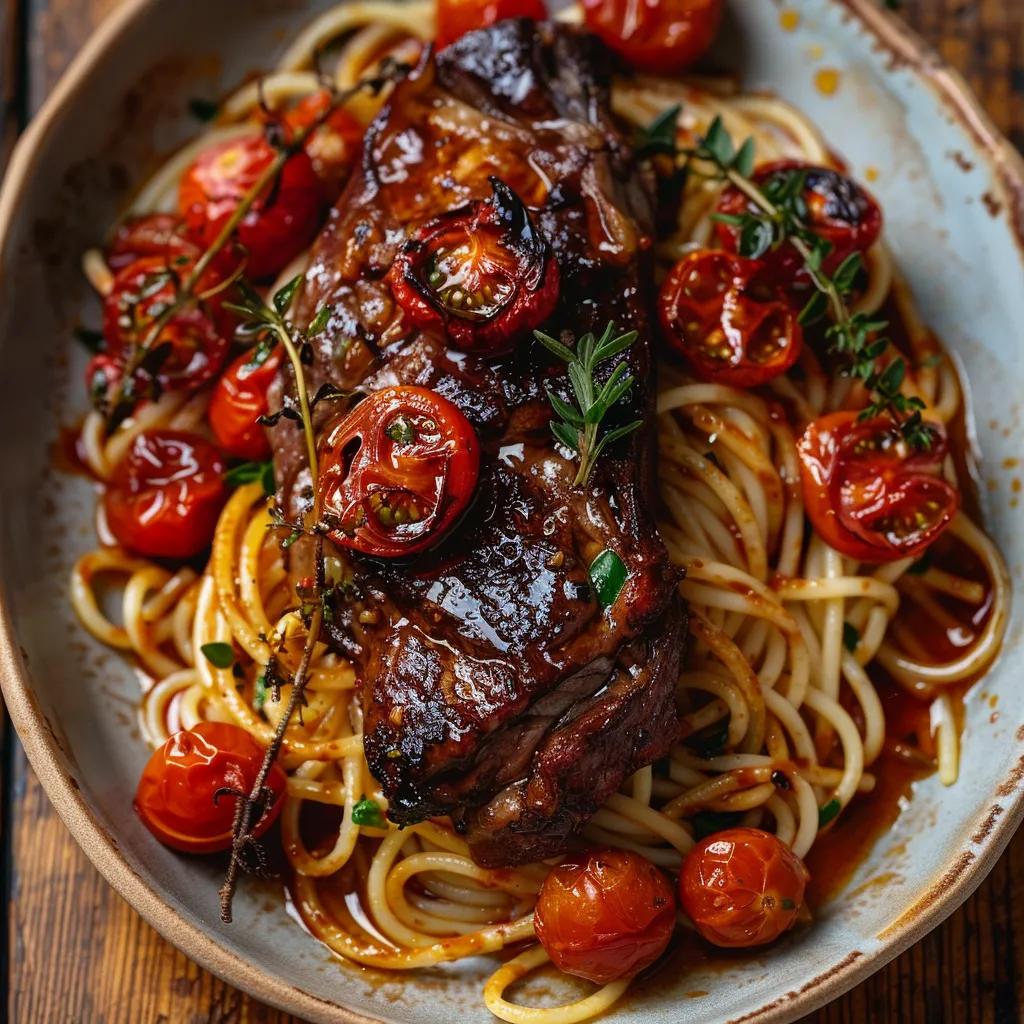 Spaghettis caramélisées avec agneau fondant et miel