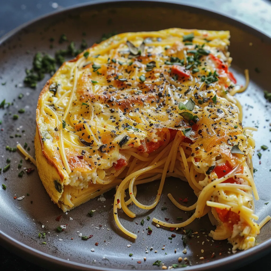 Frittata de spaghettis avec œufs et olives
