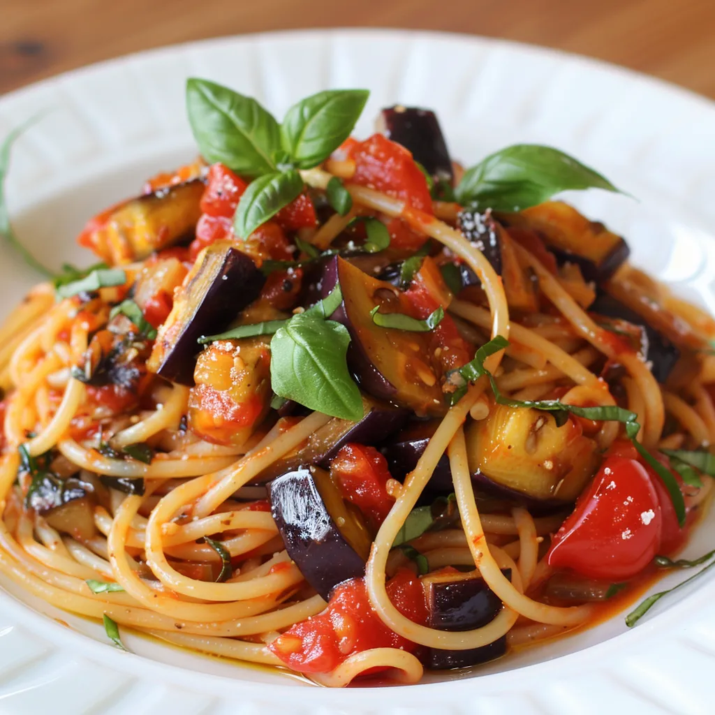 Spaghettis avec légumes du soleil et basilic frais