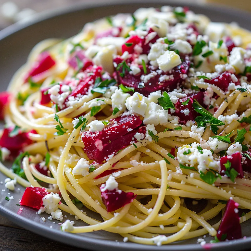 Spaghettis féta betterave hyper gourmands