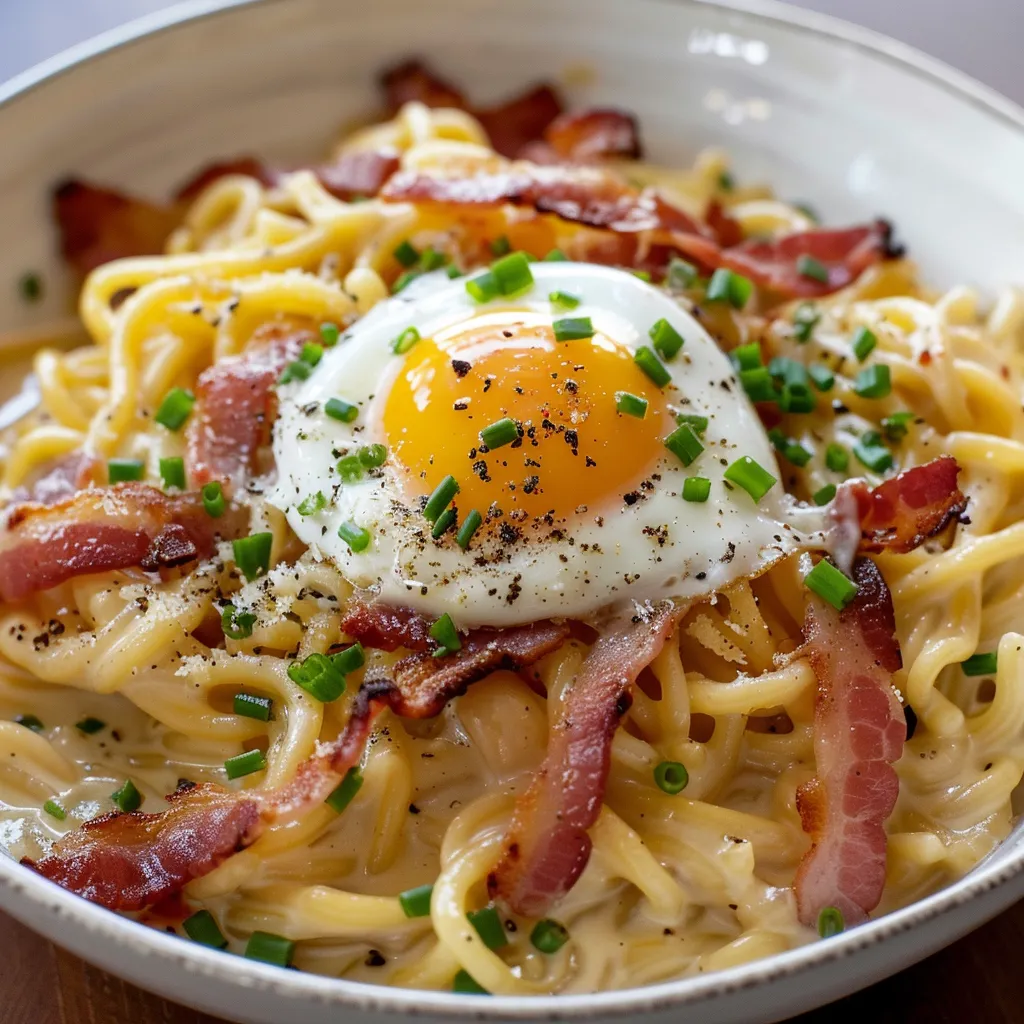 Délicieux ramen façon carbonara avec lard et bière