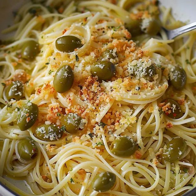 Pâtes capellini olives chapelure