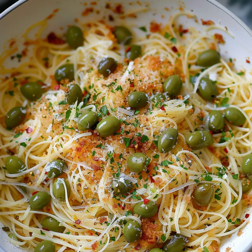 Capellini moelleux aux olives vertes et chapelure croustillante