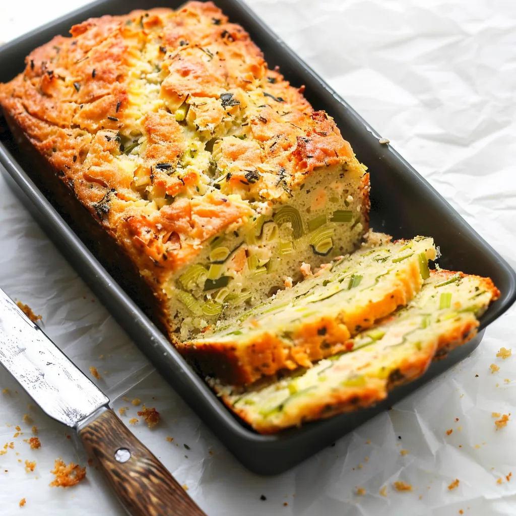 Cake salé au poireau, chèvre et saumon fumé