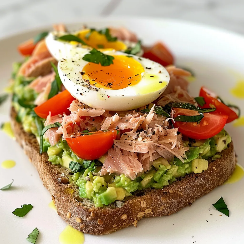 Bruschetta gourmande avec thon, avocat et œuf mollet