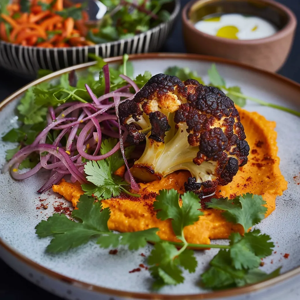 Un chou-fleur coloré sur purée épicée, salade fraîche à côté