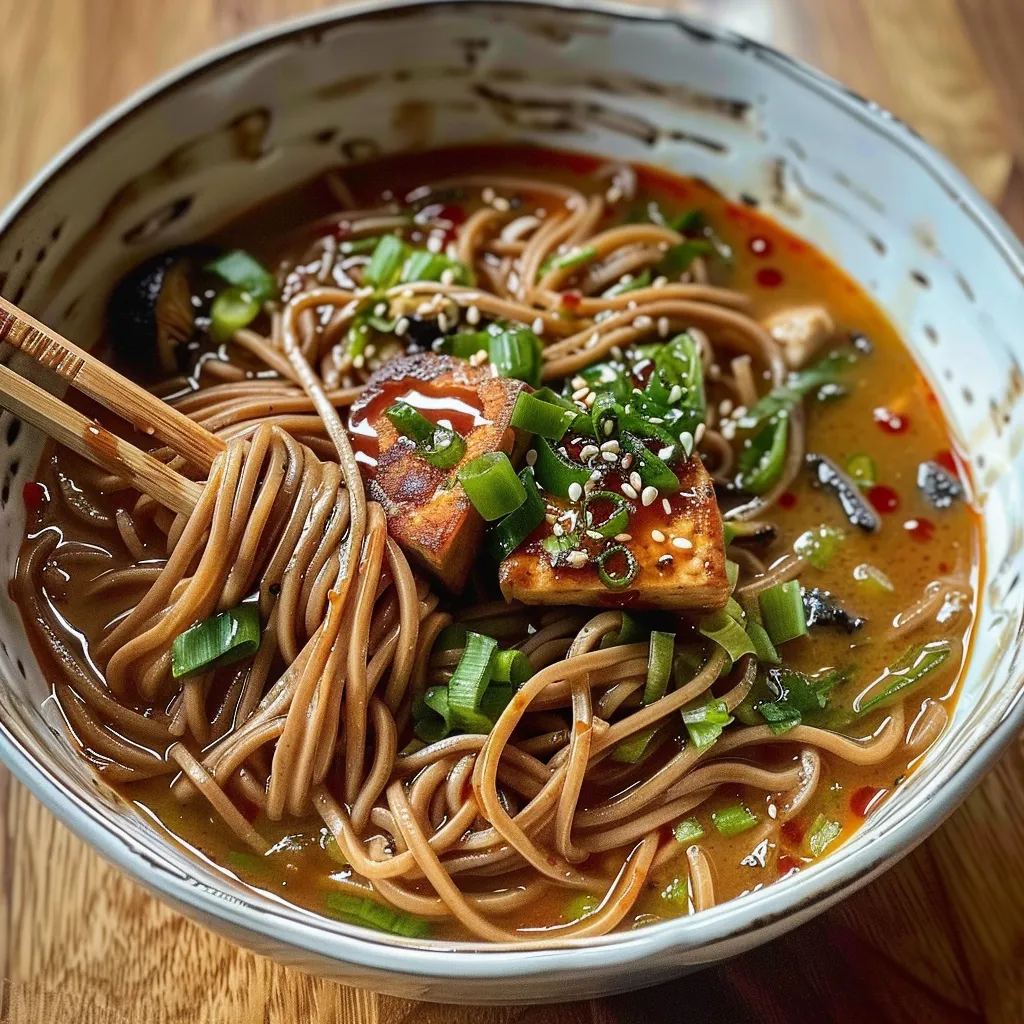 Un grand bol de soba au miso et sésame fumant, super comfort food