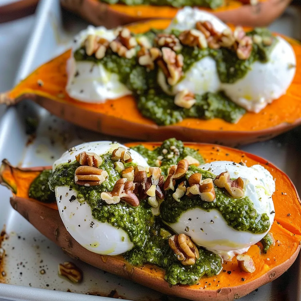 Patates douces bien garnies avec burrata fondante, noix grillées et pesto de sauge parfumé