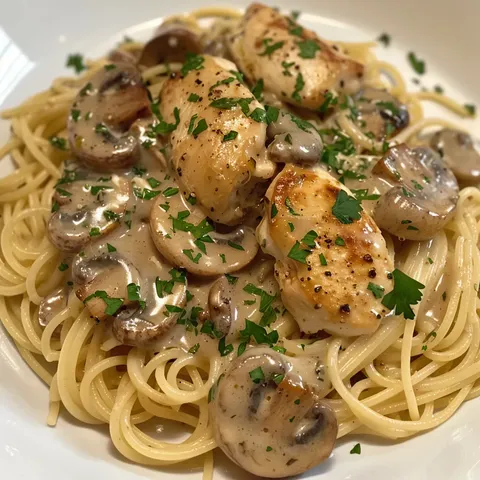 Pâtes champignons poulet crémeux