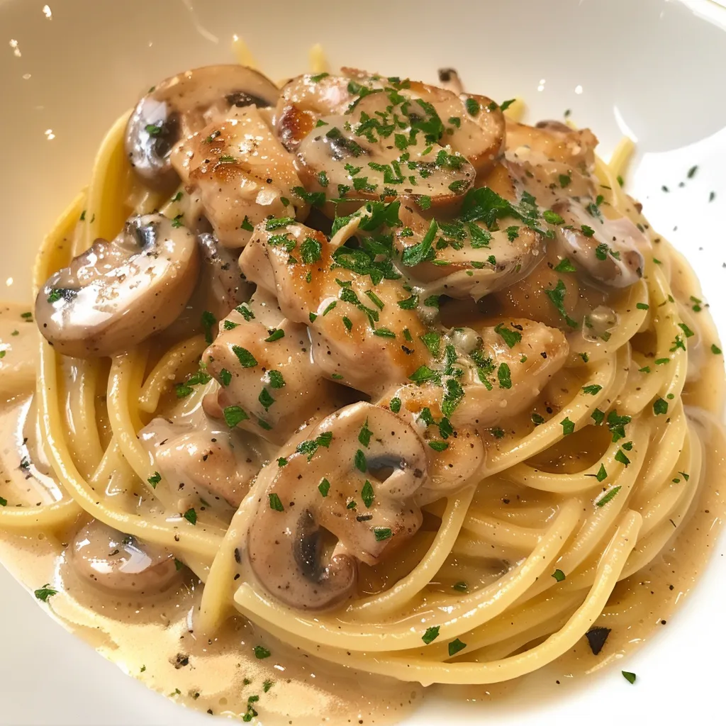 Pâtes crémeuses champignons poulet