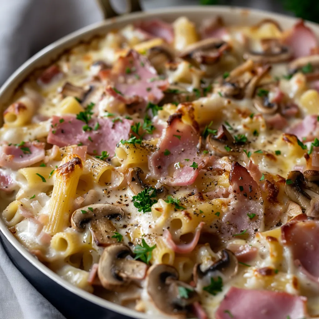 Plat de pâtes au jambon et gratin croustillant