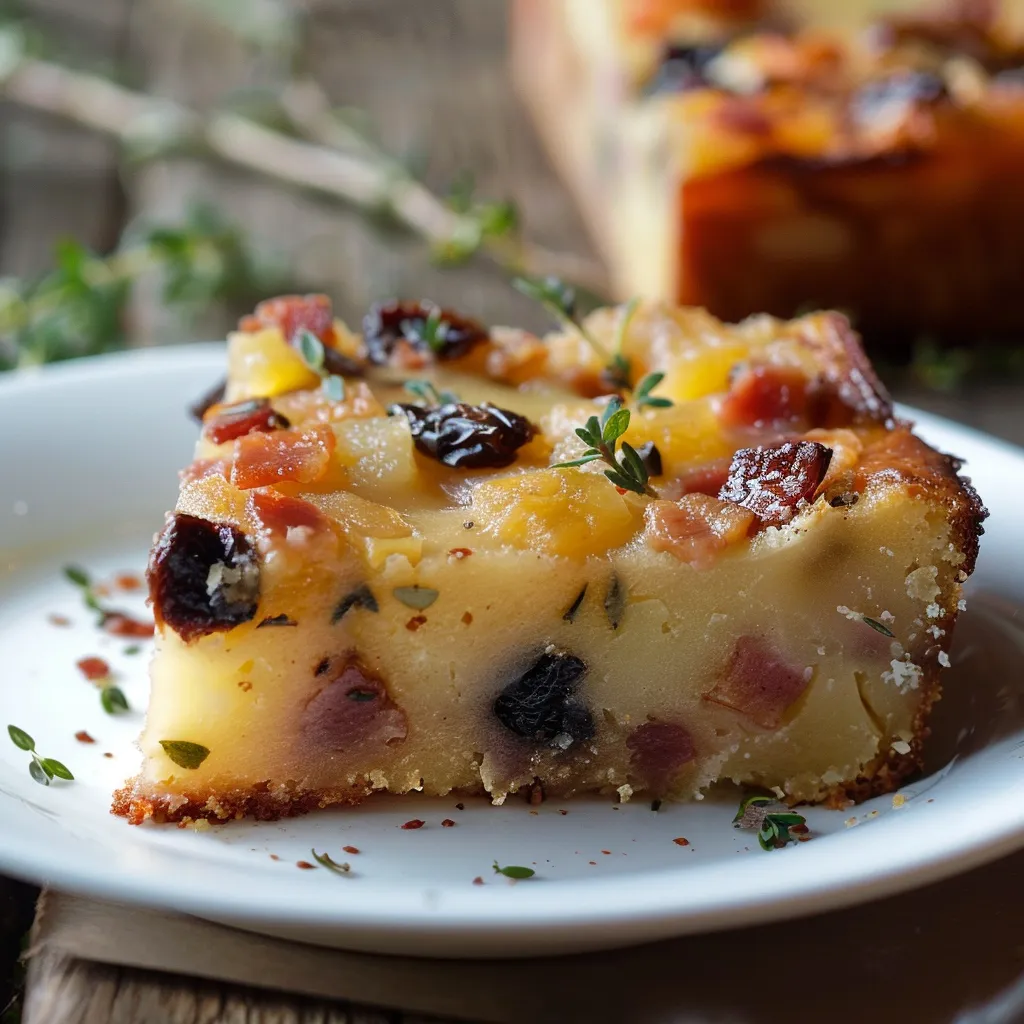 Cake savoureux aux pruneaux, lardons et thym frais