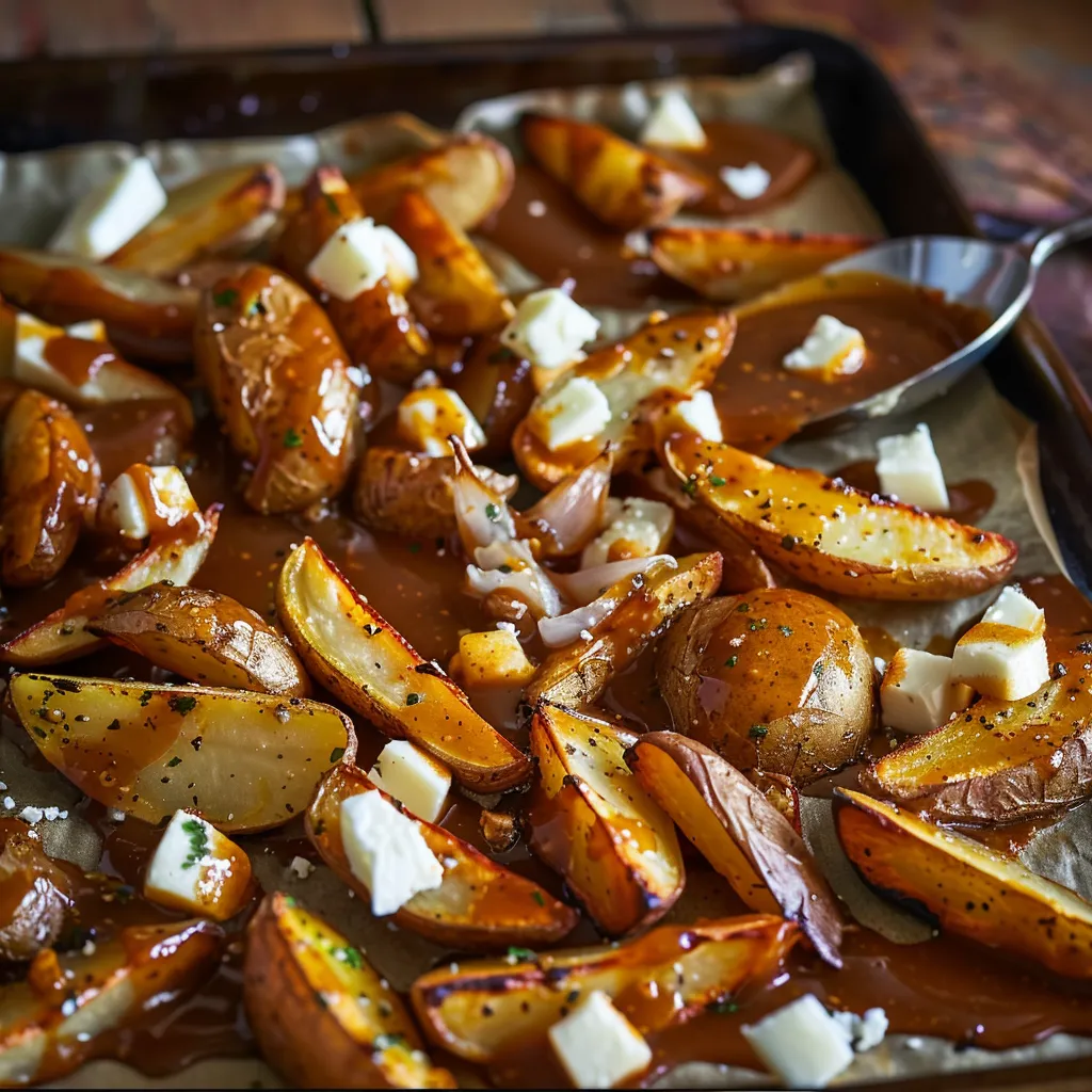 Une poutine dorée sortie du four, facile et savoureuse à partager