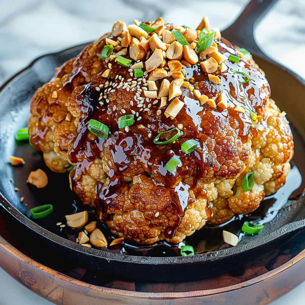 Un chou-fleur rôti nappé de sauce cacahuète à la thaïlandaise