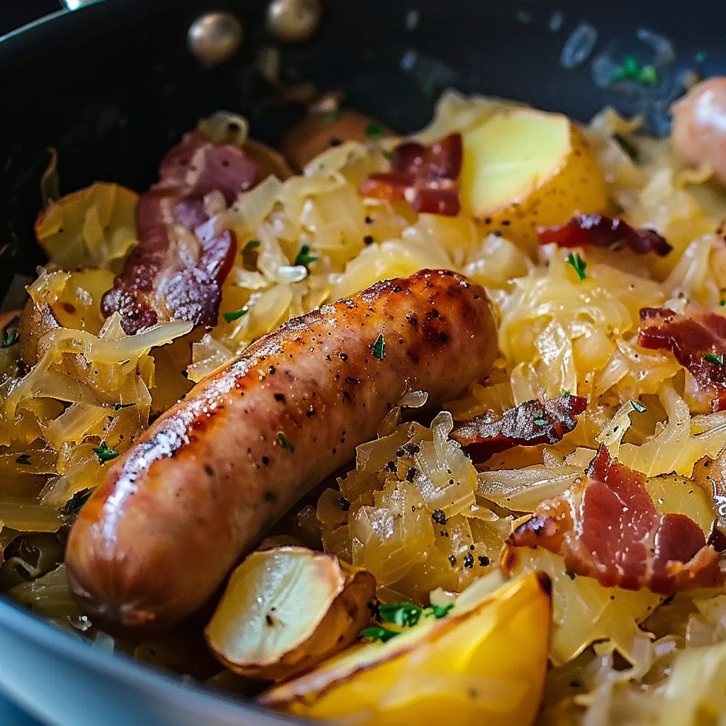 Bratwurst et choucroute, pommes et lard bien dorés