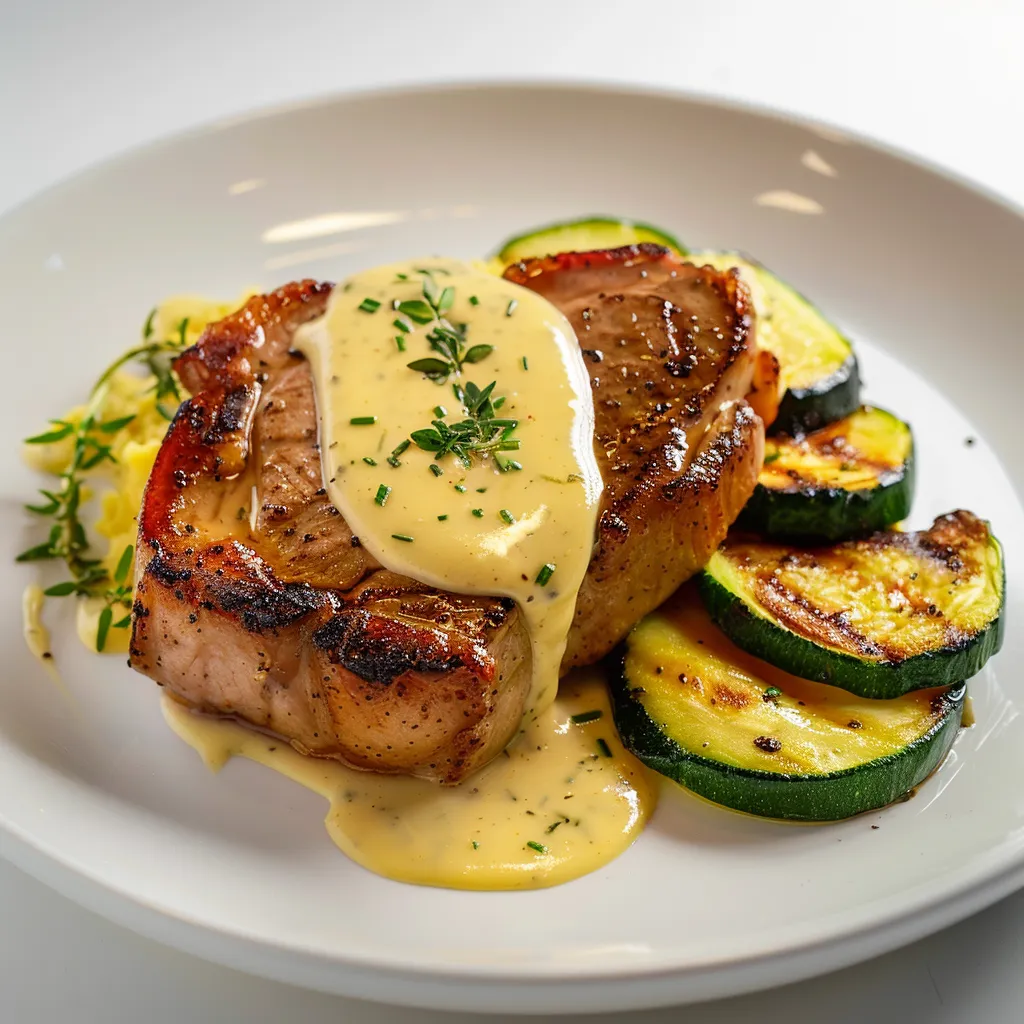 Côtelettes de porc avec béarnaise et courgettes poêlées