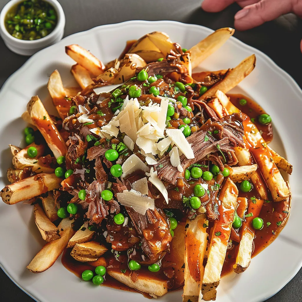 Frites au porc effiloché sauce vin rouge