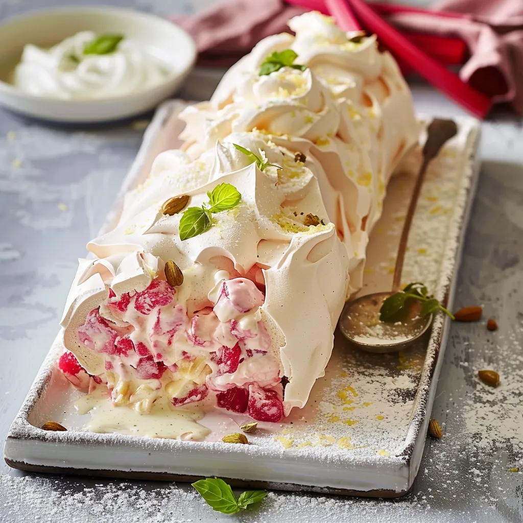 Pavlova roulée à la rhubarbe et mascarpone