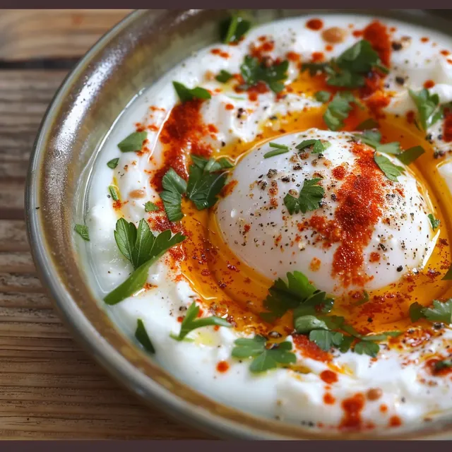 Savoureux oeufs turcs sur yaourt grec aux épices