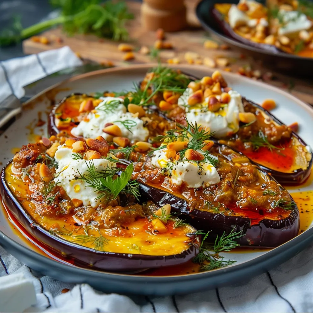 Aubergines fondantes à la harissa et au sirop d’érable