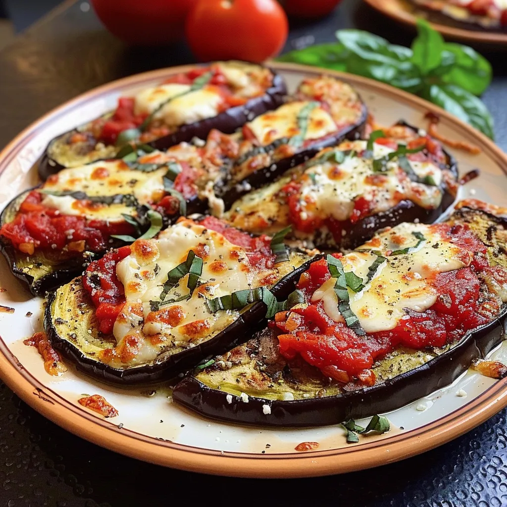 Gros plan sur l'aubergine gratinée au basilic
