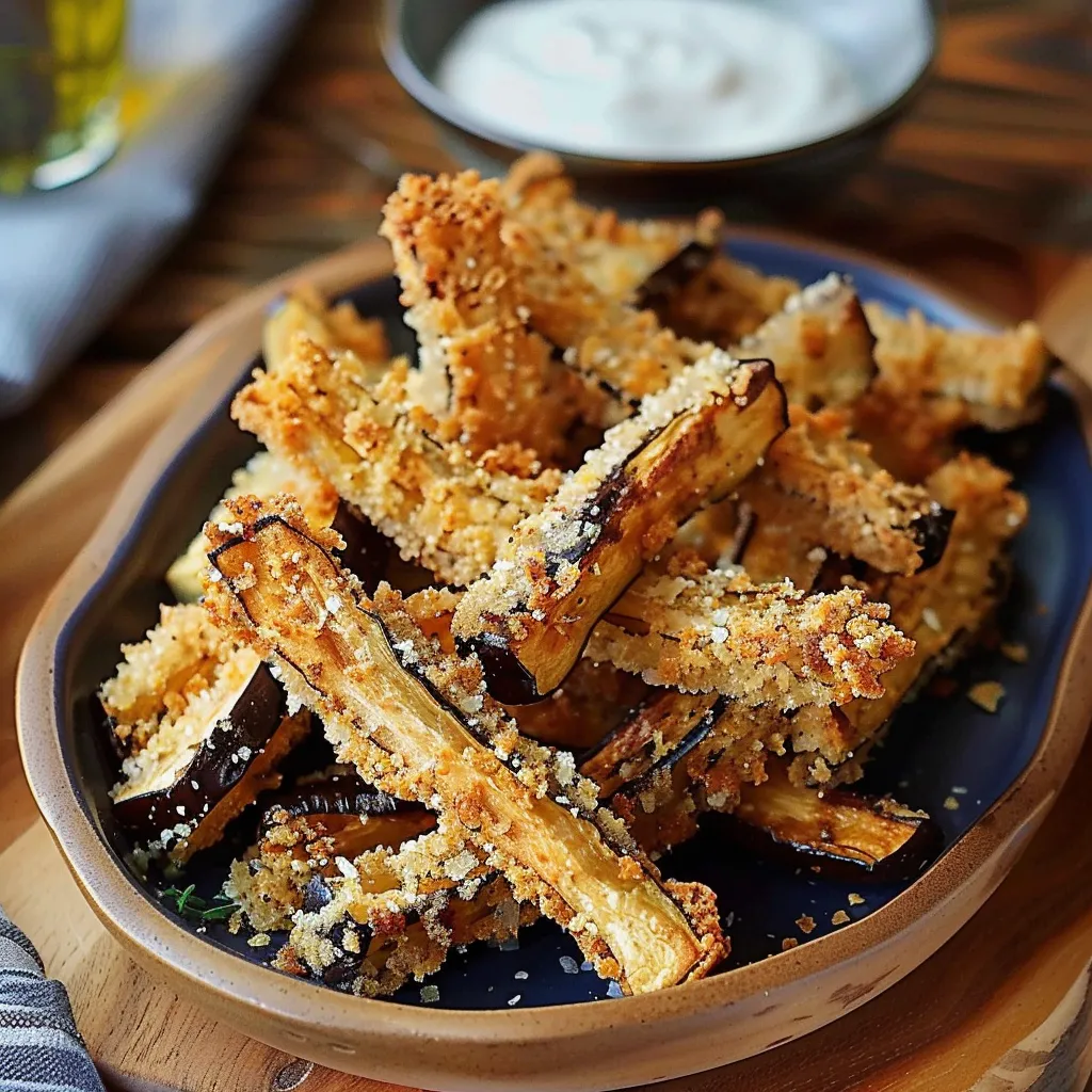 Frites d'aubergines au four bien croustillantes prêtes à déguster