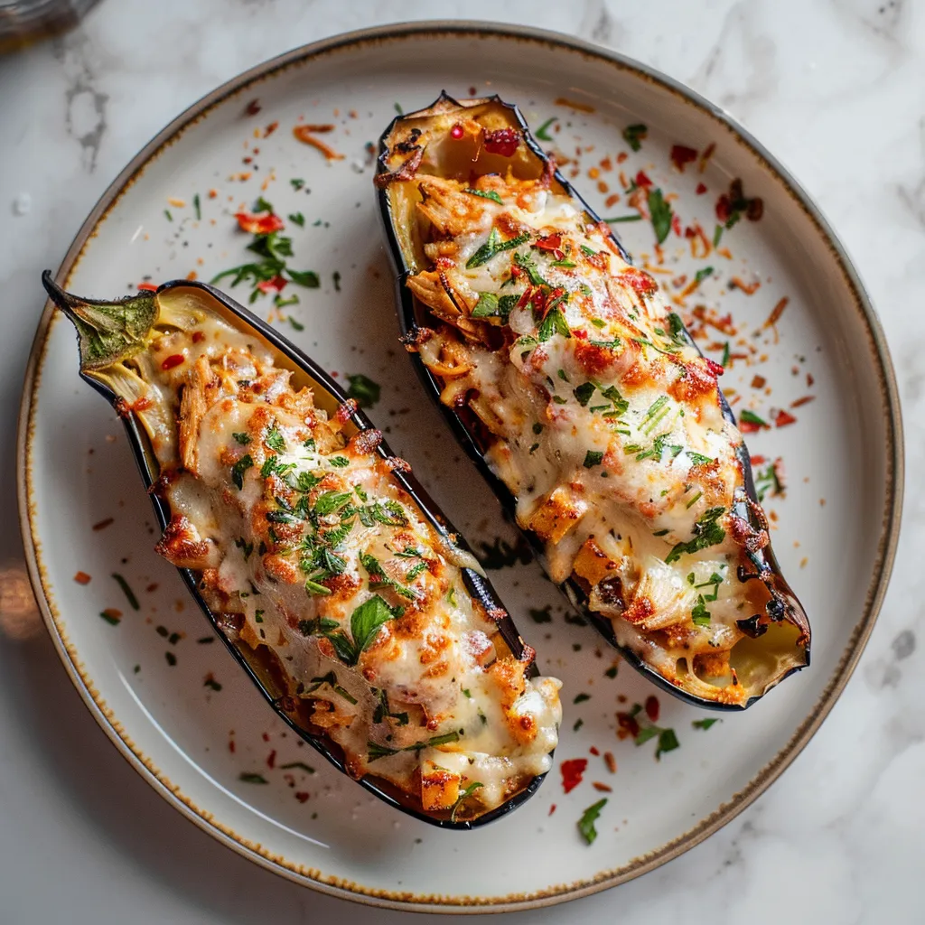 Aubergine garnie au poulet gratinée au four