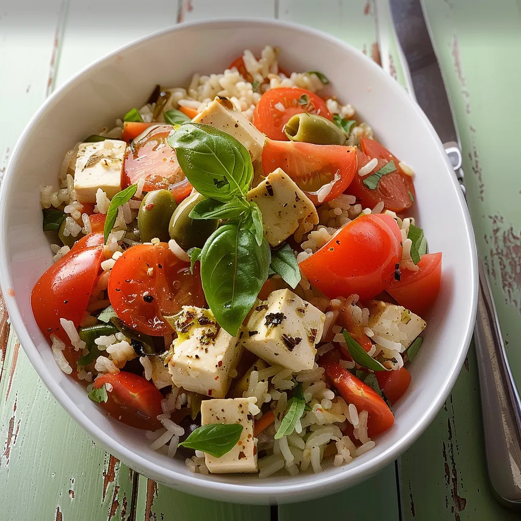 Délicieuse salade de riz, tofu et tomates