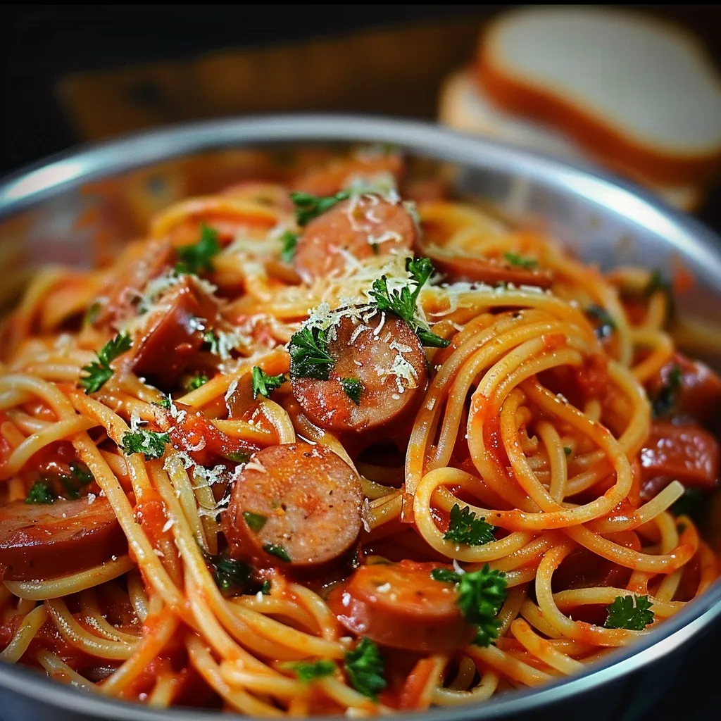 Spaghetti avec saucisses et parmesan