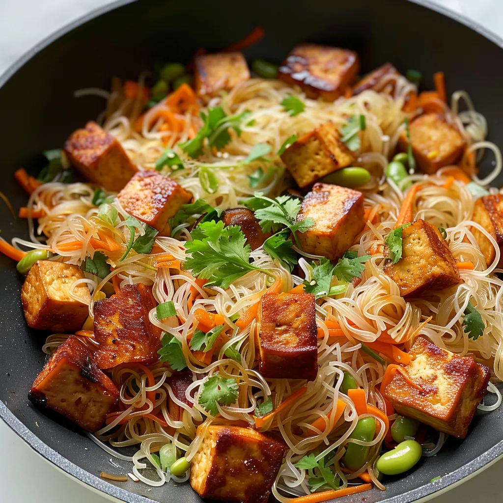 Délicieux vermicelles sautés au tofu et légumes