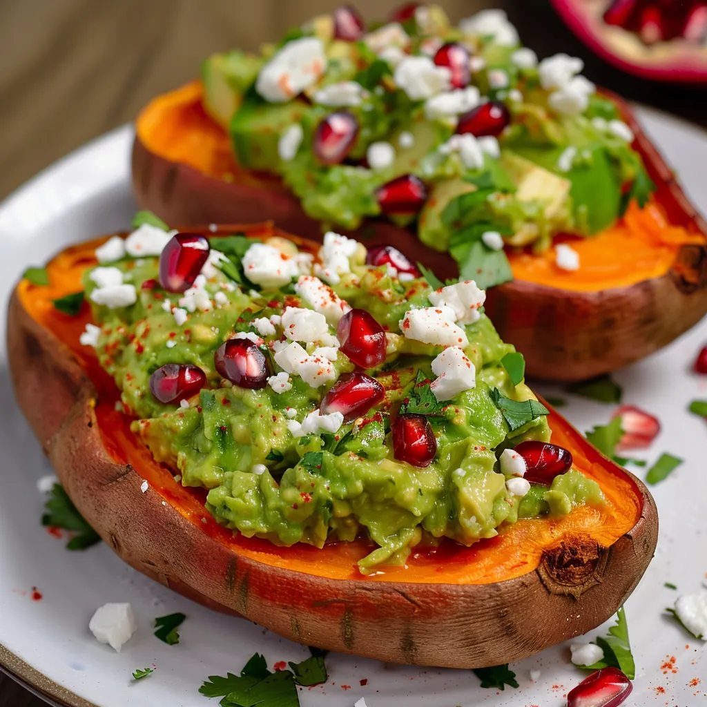 Patates douces garnies de guacamole et feta bien fraîche