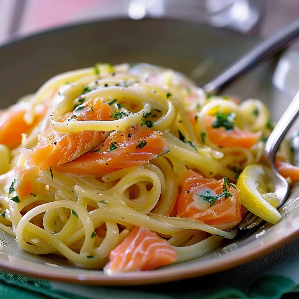 Pâtes linguines saumon citron herbes