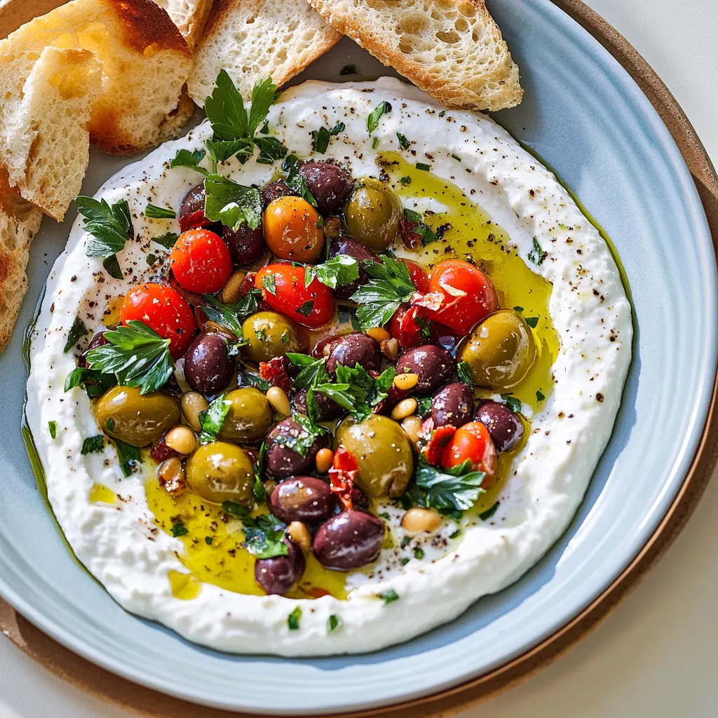 Yogourt grec, herbes et olives en trempette